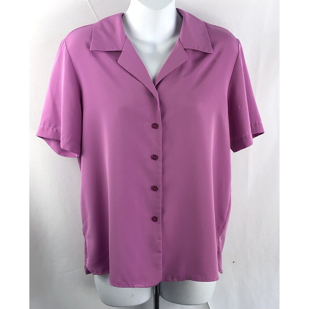 Liz Baker Silky Top Blouse 6P Purple Button Up ShortSleeve Collar Office Capsule
